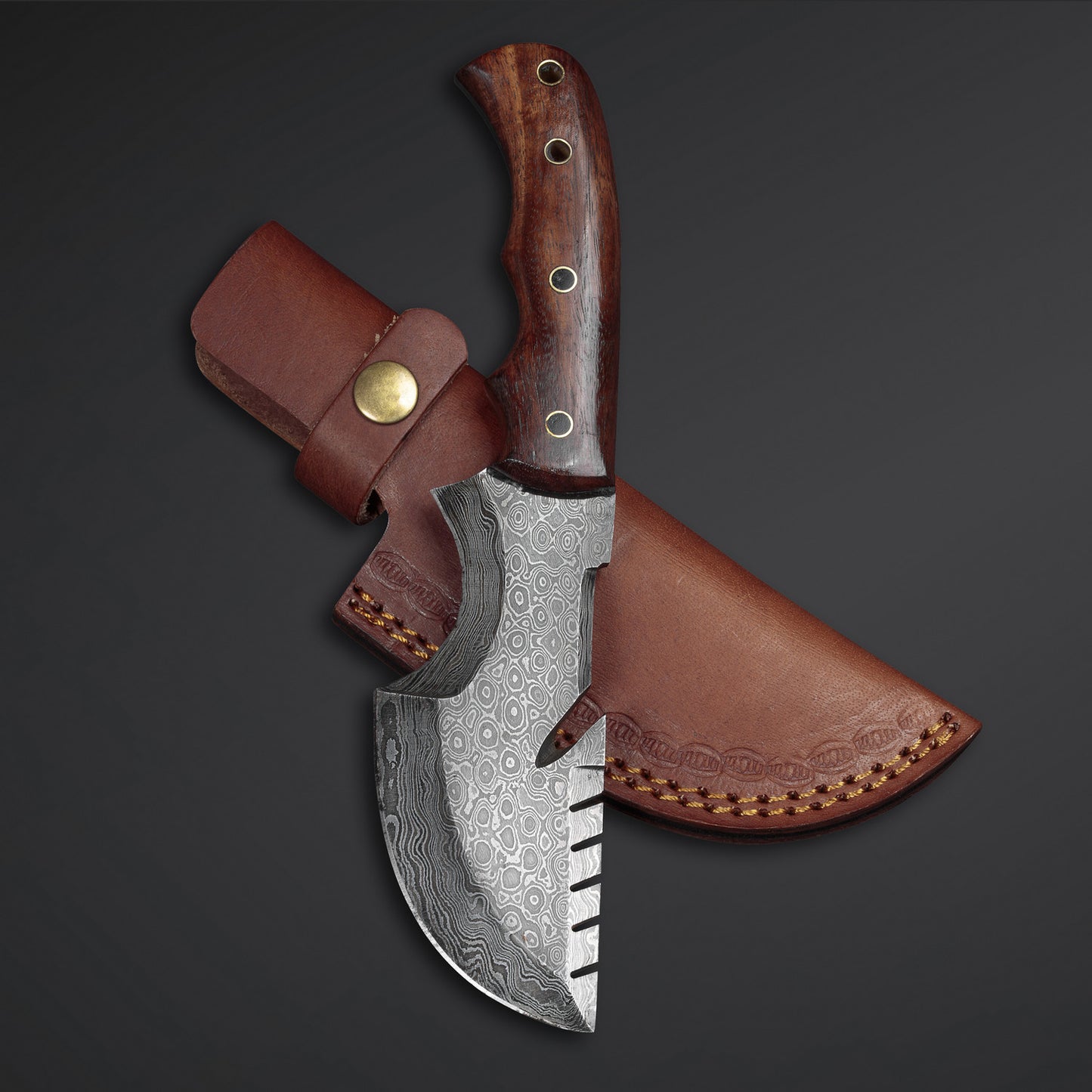 CUSTOM HANDMADE DAMASCUS TRACKER KNIFE WITH LEATHER SHEATH