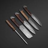 CUSTOM HAND MADE DAMASCUS 5 PCS CHEF SET WITH LEATHER ROLL KIT