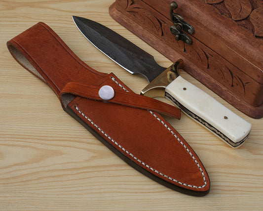Damascus Fighting Stiletto Knife Handle Camel bone Brass Guard - NB CUTLERY LTD