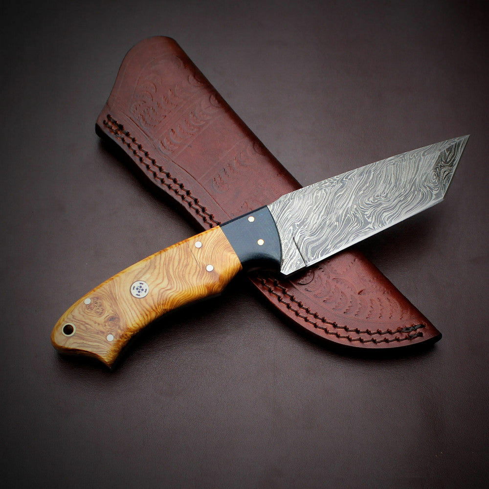 |NB KNIVES| CUSTOM HANDMADE DAMSCUS TANTO BLADE KNIFE Handle: wood with Micarta