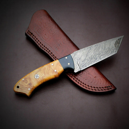 |NB KNIVES| CUSTOM HANDMADE DAMSCUS TANTO BLADE KNIFE Handle: wood with Micarta