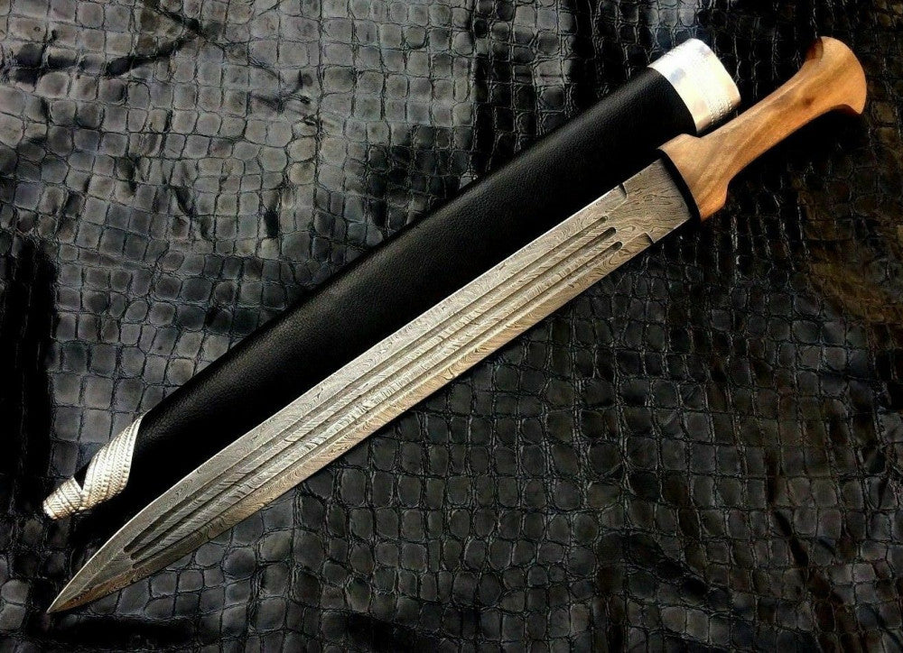 |NB KNIVES| CUSTOM HANDMADE DAMASCUS STEEL SWORD WITH LEATHER SHEATH