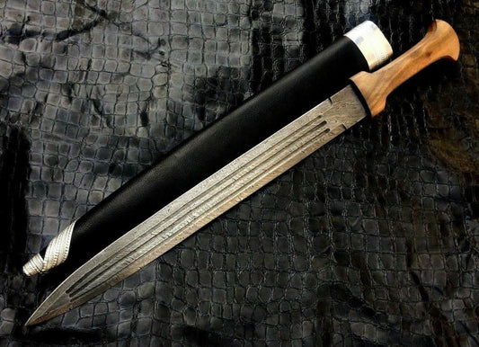 |NB KNIVES| CUSTOM HANDMADE DAMASCUS STEEL SWORD WITH LEATHER SHEATH