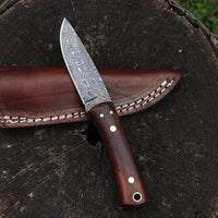 custom handmade damascus hunting knife Handle: Rosewood, Brass Lanyard Pipe - NB CUTLERY LTD