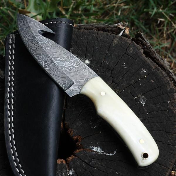 Damascus Hunting knife Handle: Bone, Brass Landyard Pipe - NB CUTLERY LTD
