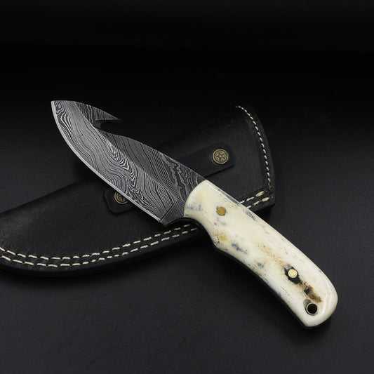 Damascus Hunting knife Handle: Bone, Brass Landyard Pipe - NB CUTLERY LTD