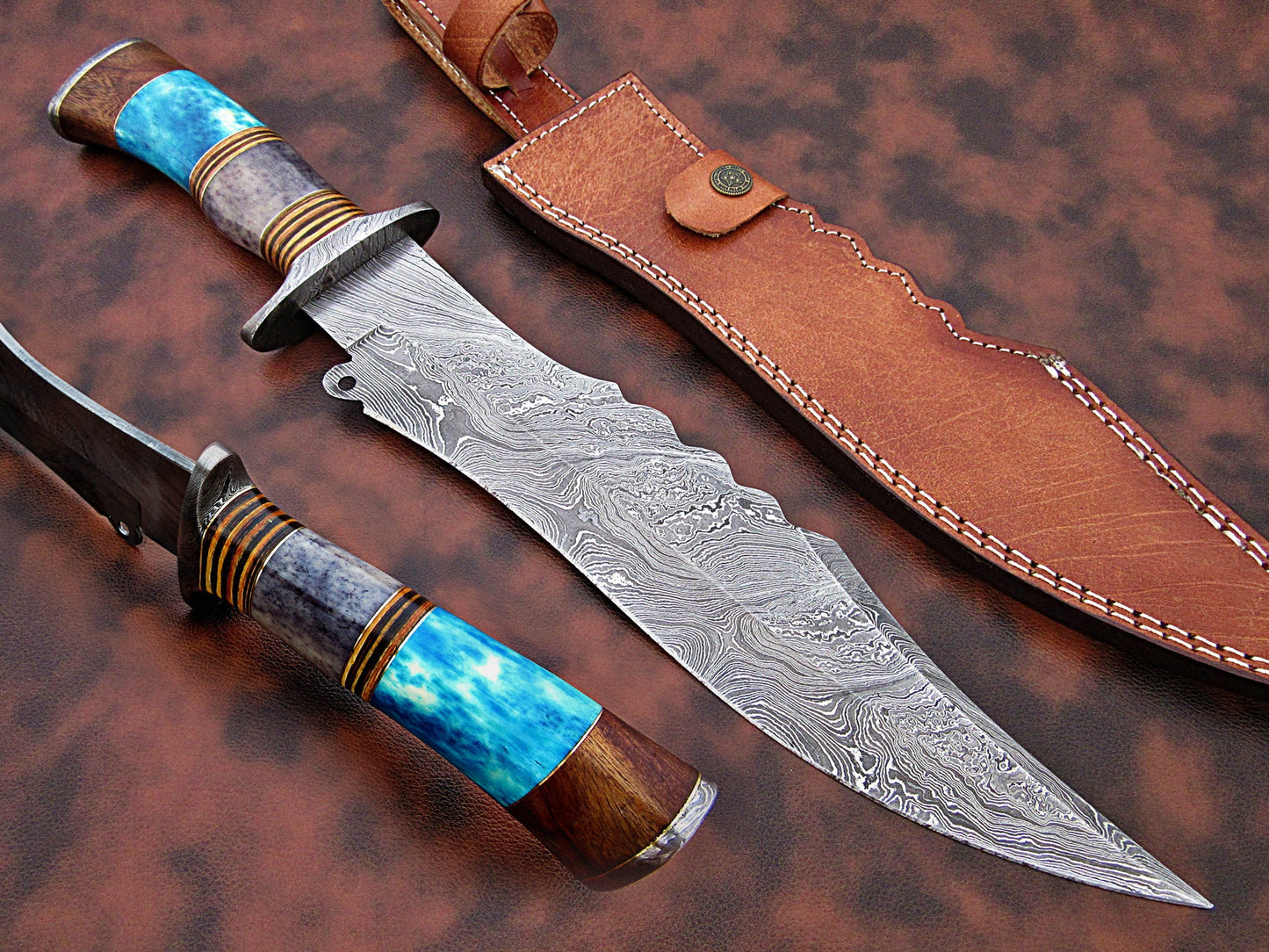 Damascus Handmade Damascus Bowie knife - NB CUTLERY LTD