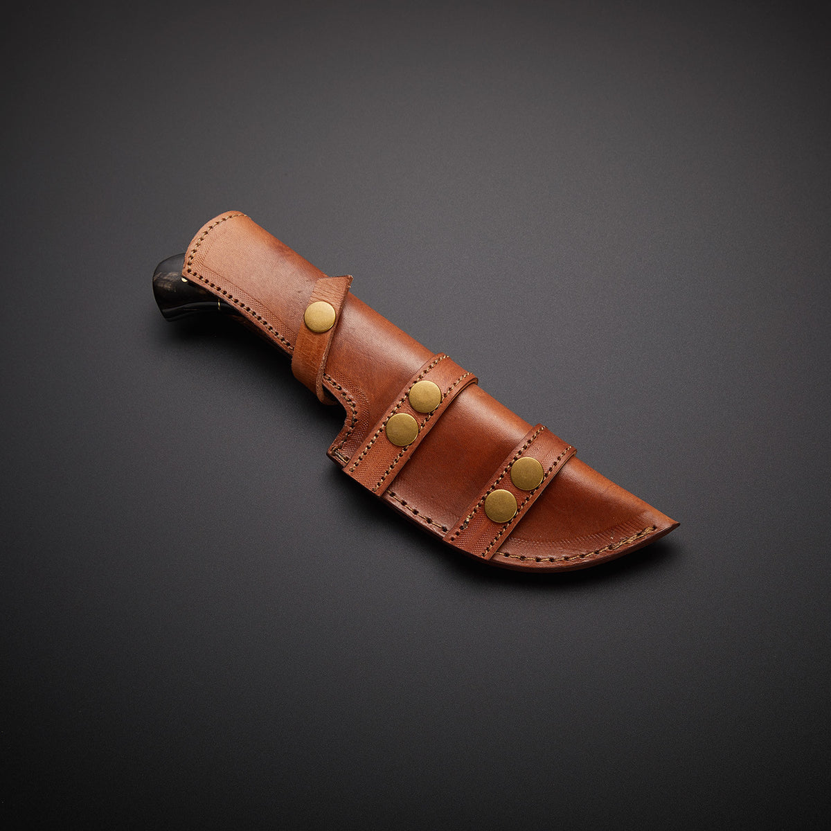 Damascus Tracker Knife with Buffalo Horn Handle and Leather Sheath