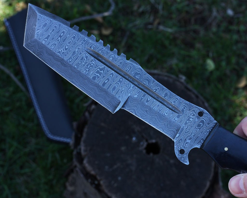 Buffalo Horn Handle Damascus Tracker Knife with Leather Sheath