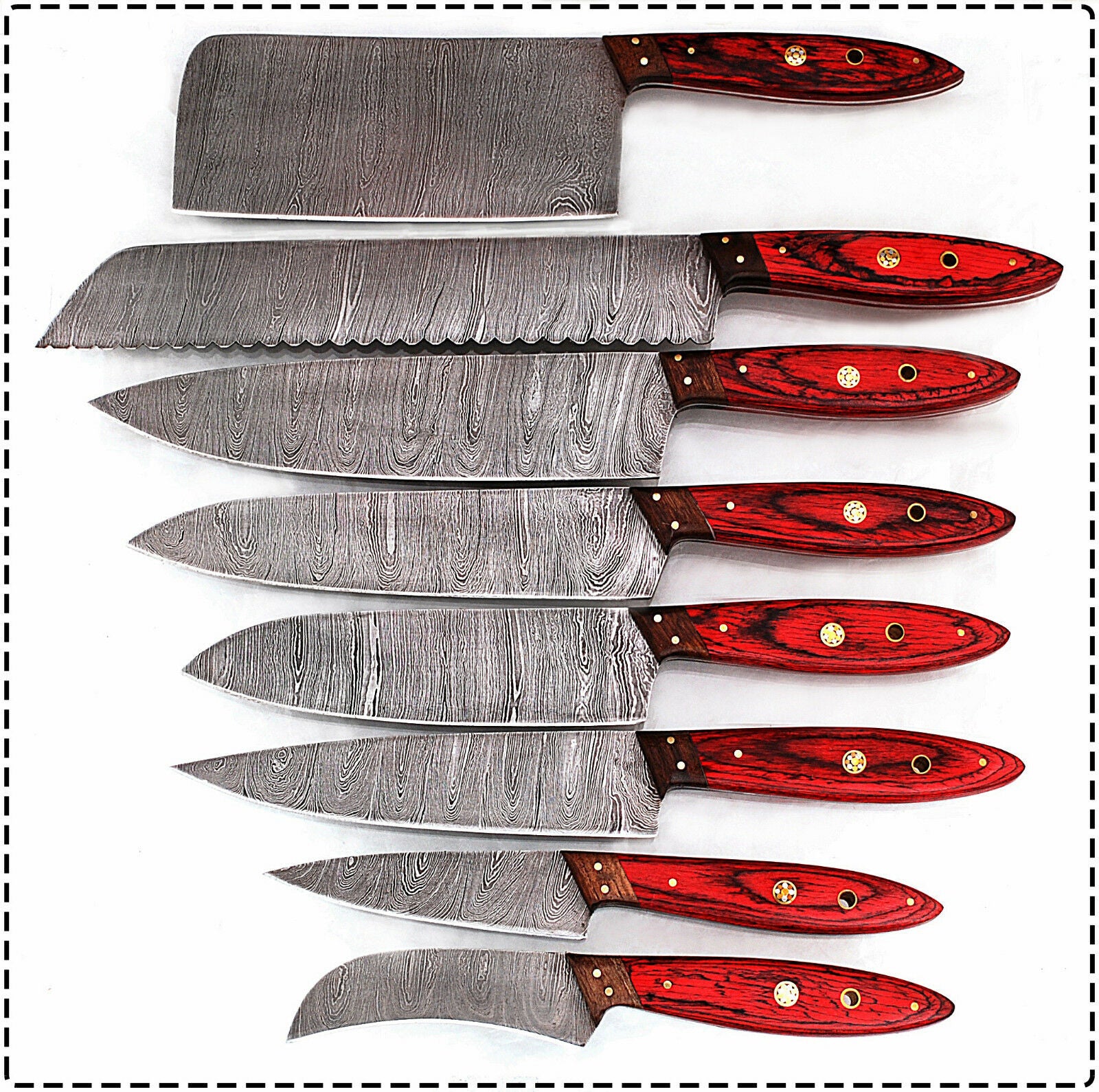 CUSTOM MADE DAMASCUS BLADE 8 Pc's. KITCHEN/CHEF KNIVES SET - NB CUTLERY LTD
