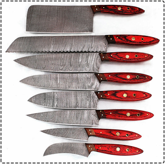 CUSTOM MADE DAMASCUS BLADE 8 Pc's. KITCHEN/CHEF KNIVES SET - NB CUTLERY LTD