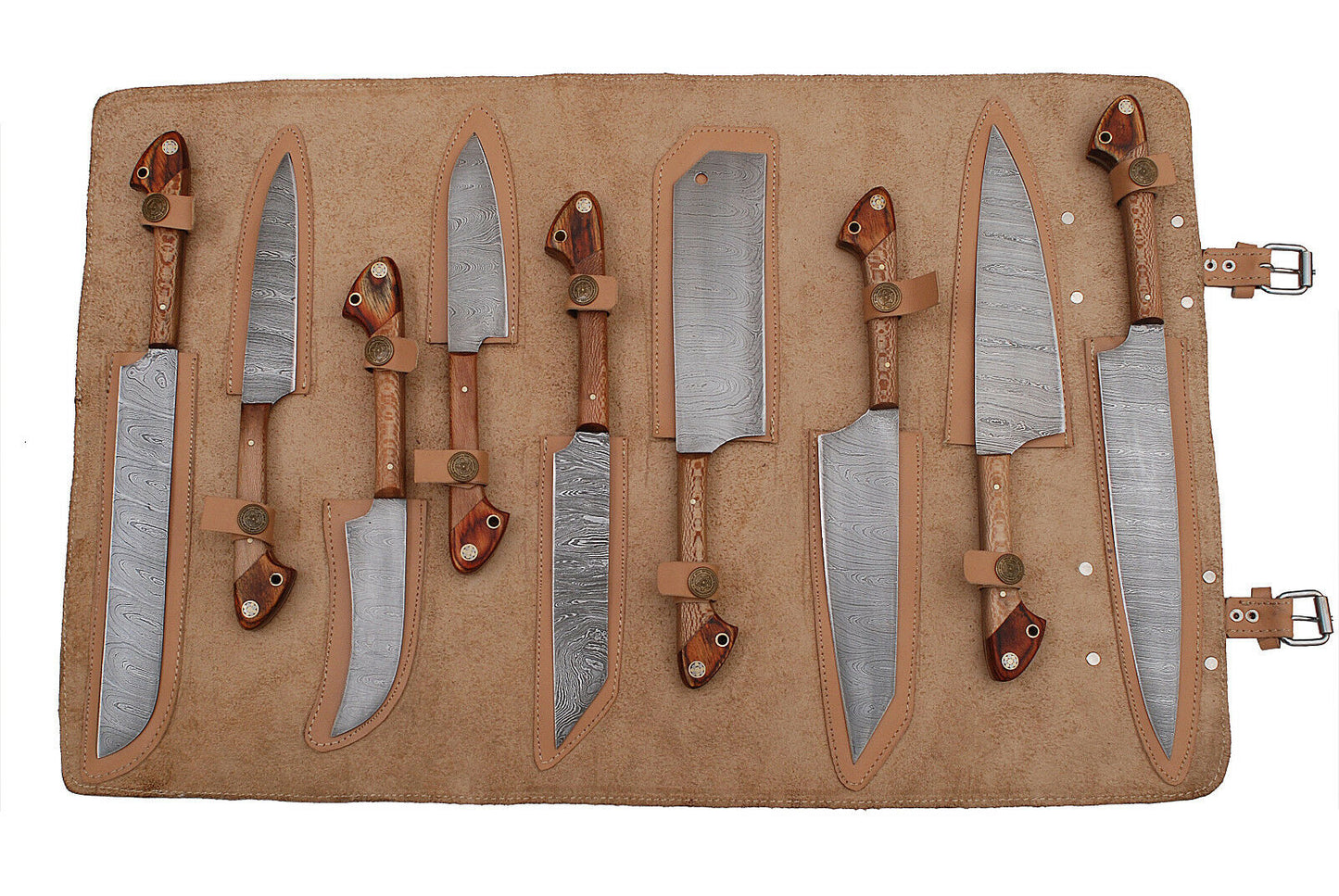 Handmade Damascus Steel 9-Piece Chef Knife Set | Round Wood Handle | Roll Bag