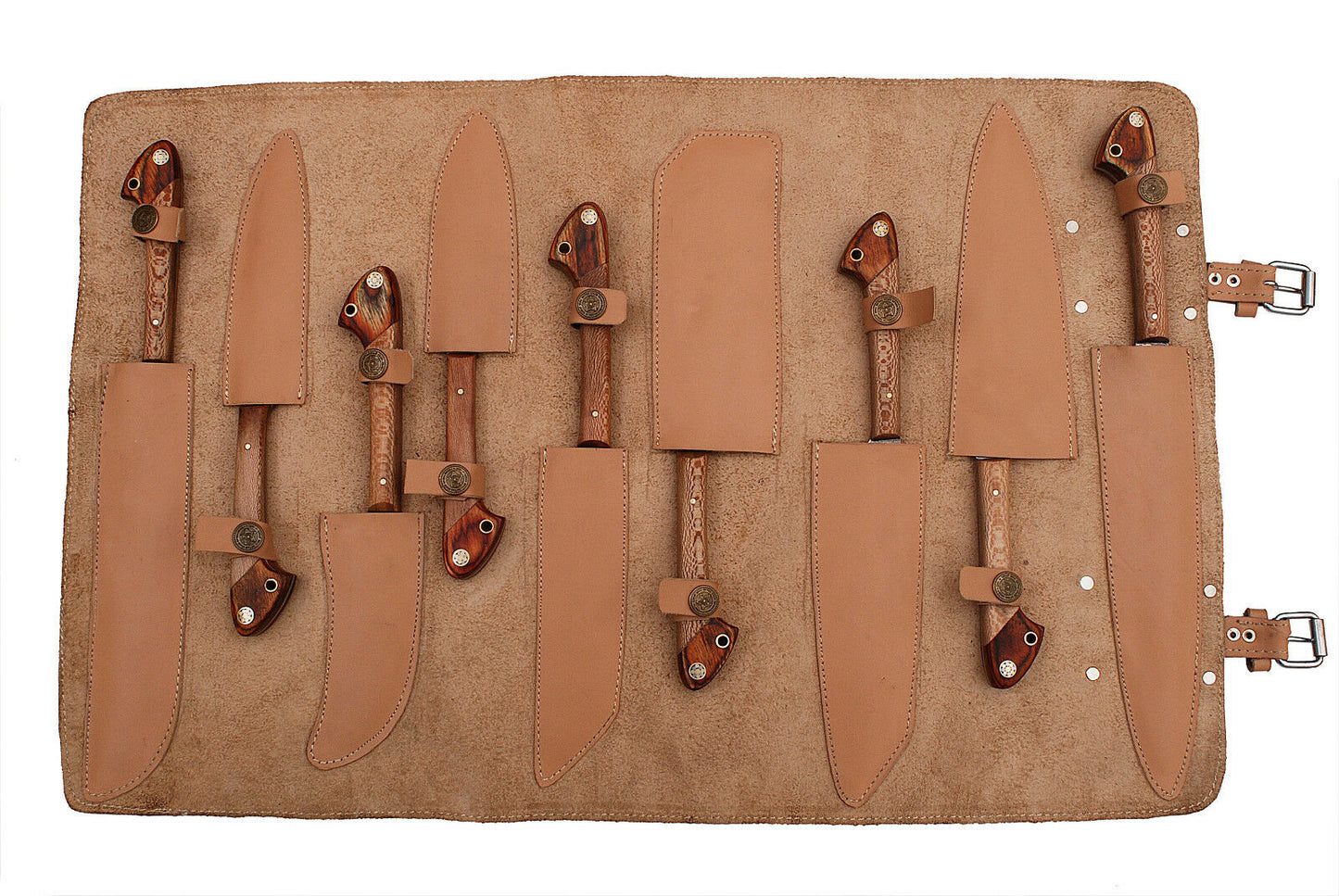 Handmade Damascus Steel 9-Piece Chef Knife Set | Round Wood Handle | Roll Bag