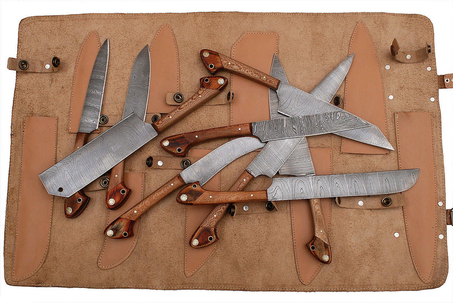 Handmade Damascus Steel 9-Piece Chef Knife Set | Round Wood Handle | Roll Bag