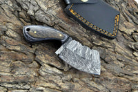 Custom Damascus Steel Mini Cleaver Hunting Knife Handle Hardwood With Leather Sheath Compact hunting skinner Tactical hunting skinner