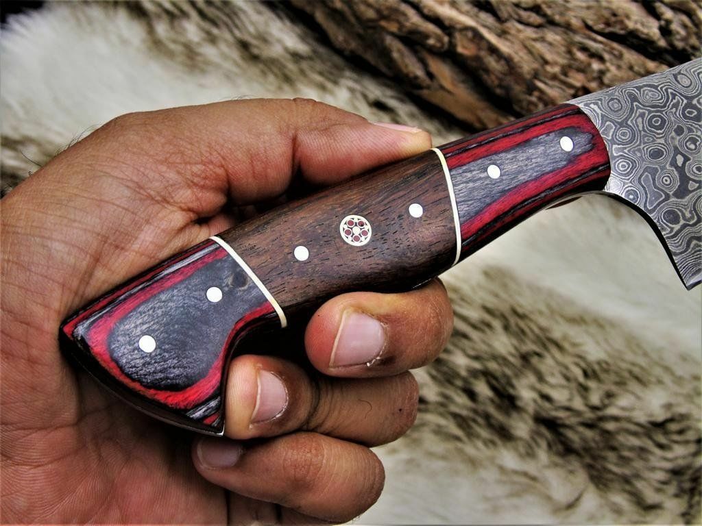 Custom Damascus steel BLADE KITCHEN KNIFE/CHEF KNIFE PAKKA & ROSE WOOD handle - NB CUTLERY LTD
