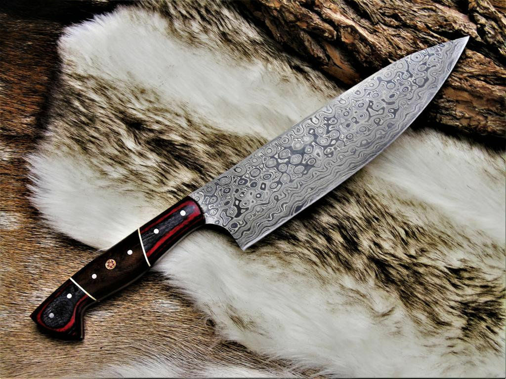Custom Damascus steel BLADE KITCHEN KNIFE/CHEF KNIFE PAKKA & ROSE WOOD handle - NB CUTLERY LTD
