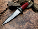 CUSTOM HAND FORGED DAMASCUS STEEL HUNTING DAGGER - RED WOOD & BRASS-
