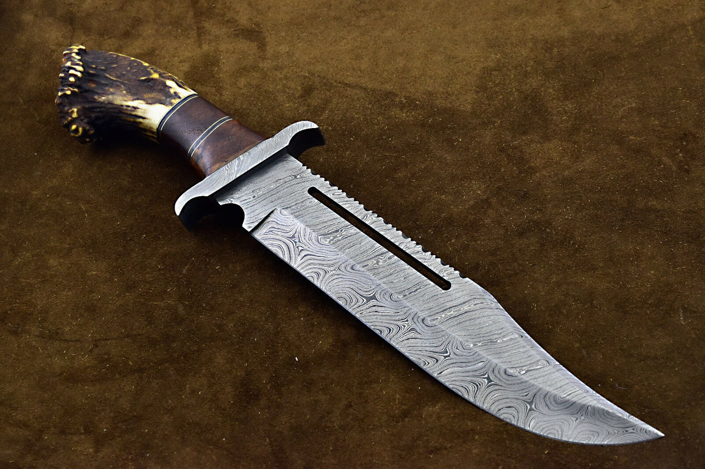 Custom Handmade Damascus Steel Hunting RAMBO Bowie Knife Wiht Stag Horn Handle. - NB CUTLERY LTD