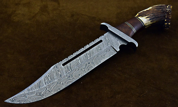 Custom Handmade Damascus Steel Hunting RAMBO Bowie Knife Wiht Stag Horn Handle. - NB CUTLERY LTD