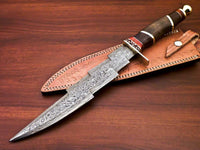 CUSTOM HANDMADE DAMASCUS STEEL KRIS BLADE TRI-DAGGER HUNTING KNIFE WITH SHEATH - NB CUTLERY LTD