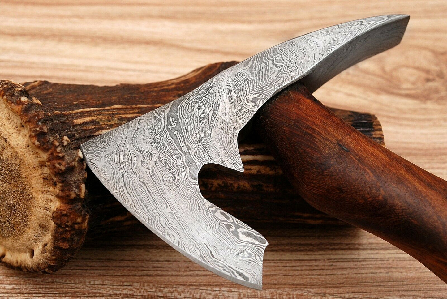 CUSTOM MADE HAND FORGED DAMASCUS STEEL AXE , HATCHET, - ROSE WOOD HANDLE - NB CUTLERY LTD