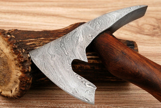 CUSTOM MADE HAND FORGED DAMASCUS STEEL AXE , HATCHET, - ROSE WOOD HANDLE - NB CUTLERY LTD