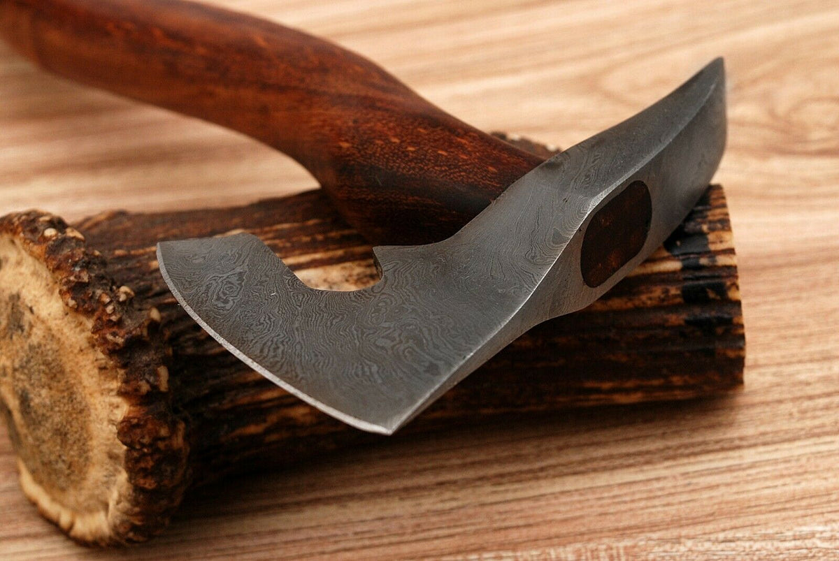 CUSTOM MADE HAND FORGED DAMASCUS STEEL AXE , HATCHET, - ROSE WOOD HANDLE - NB CUTLERY LTD