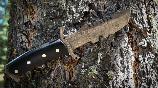 Custom Damascus Steel Tracker Knife with Black Micarta Handle