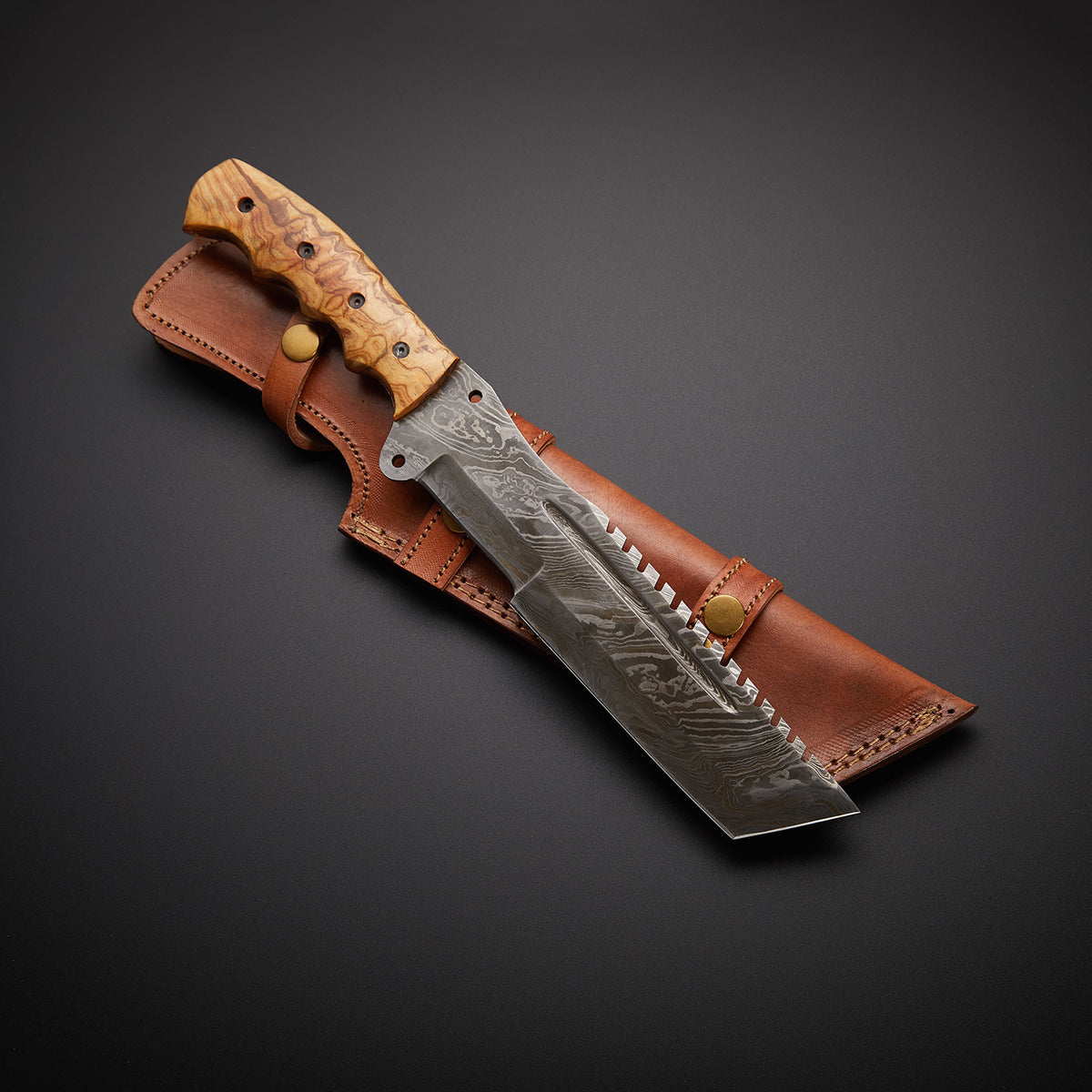 Custom Handmade Damascus Tracker Knife with Olive Wood Handle