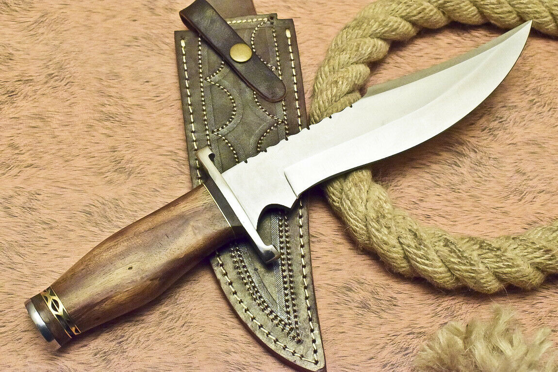 Custom handmade D2 Tool Steel hunting Bowie knife with Walnut Wood handle and leather sheath