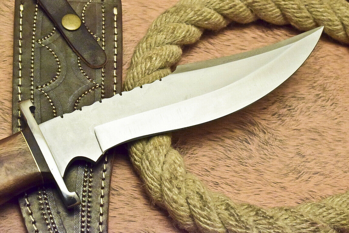Custom handmade D2 Tool Steel hunting Bowie knife with Walnut Wood handle and leather sheath
