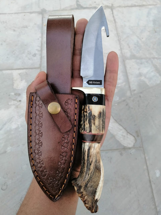 Custom handmade D2 steel gut hook knife with Stag Horn and Pakkawood handle