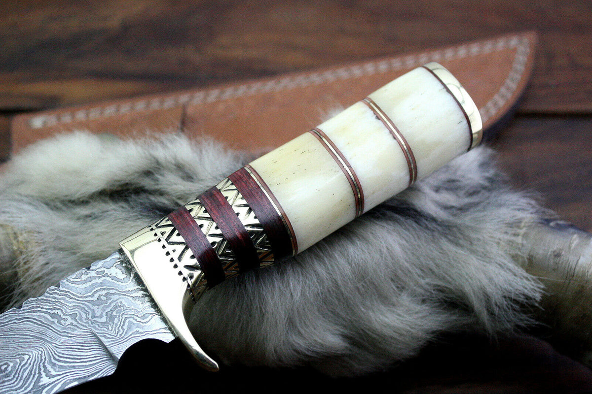 Custom handmade Damascus Bowie hunting knife with Camel Bone and Rosewood handle