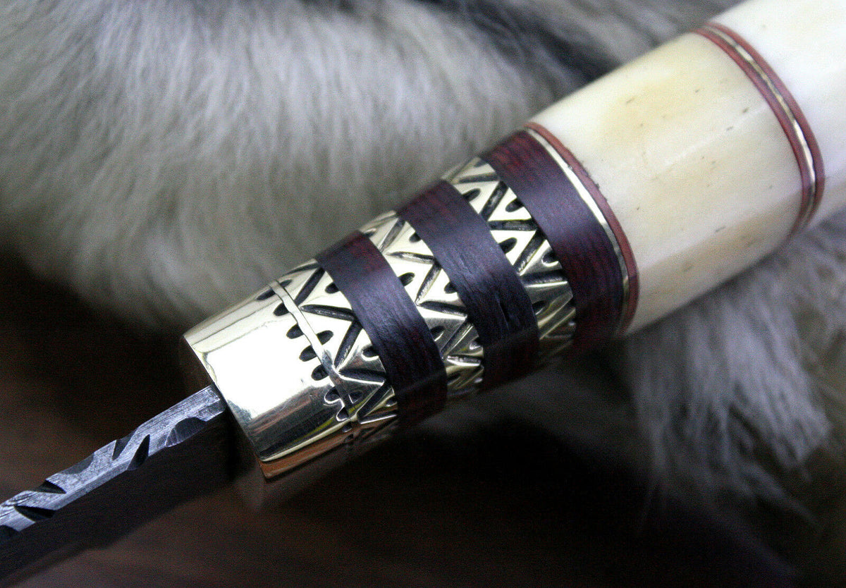Custom handmade Damascus Bowie hunting knife with Camel Bone and Rosewood handle