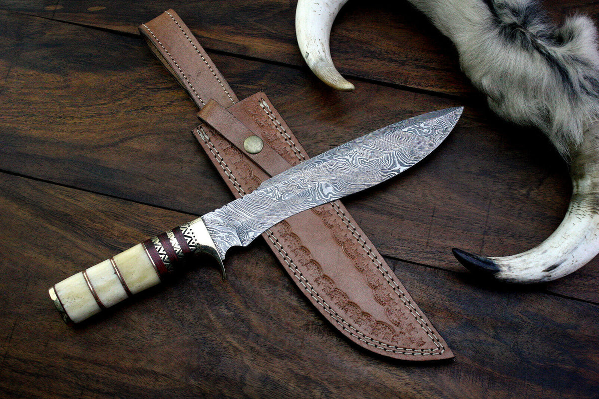 Custom handmade Damascus Bowie hunting knife with Camel Bone and Rosewood handle