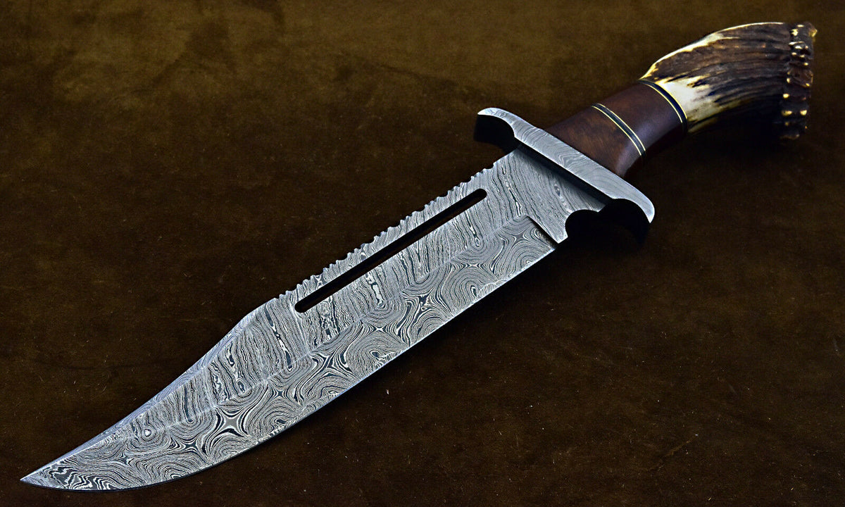 Custom handmade Damascus Bowie knife with genuine Stag Horn handle and leather sheath