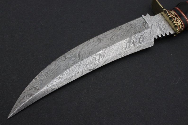 Custom handmade Damascus hunting Bowie knife with Buffalo Horn handle and brass guard