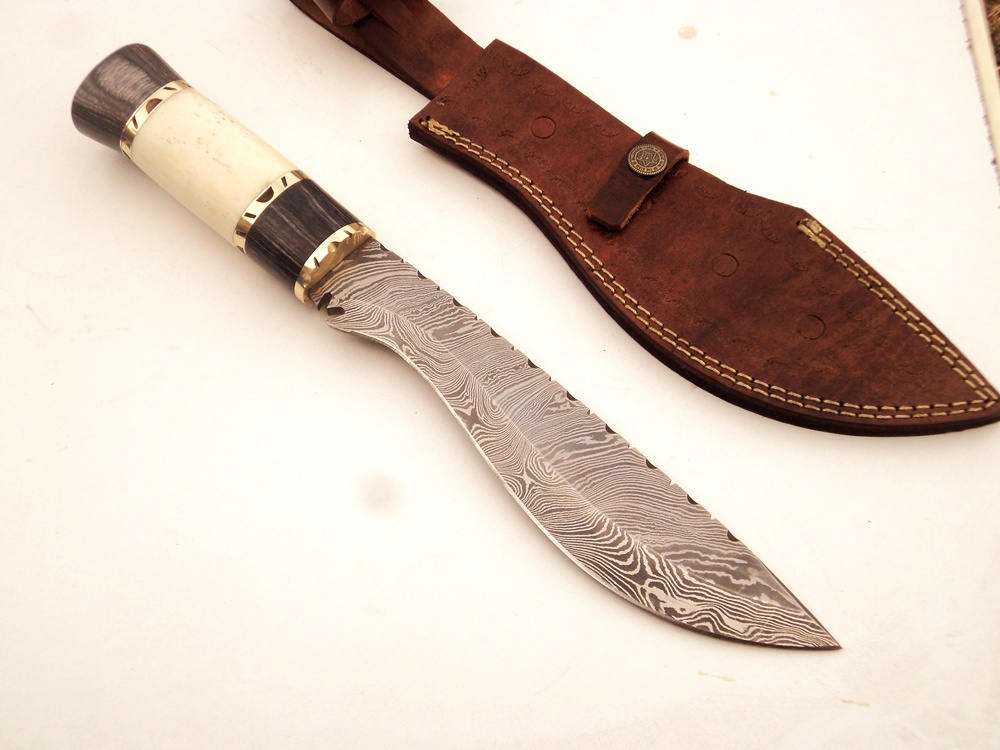 Custom handmade Damascus hunting knife with Camel Bone and Pakka Wood handle and leather sheath