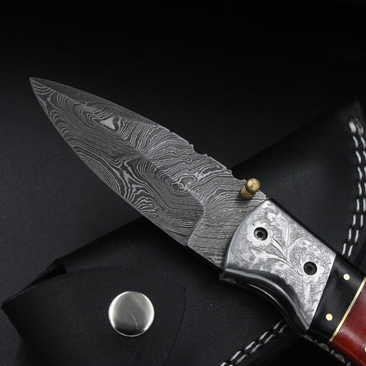 Engraved Stainless Steel Bolster Damascus Folding Knife with Resin & Black Horn Handle