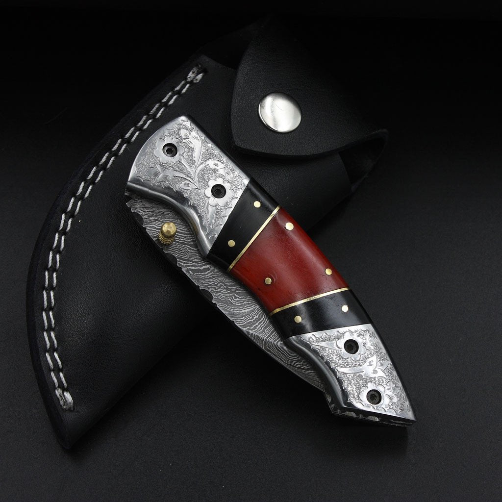 Handmade Damascus Pocket Knife (with Genuine Leather Sheath)