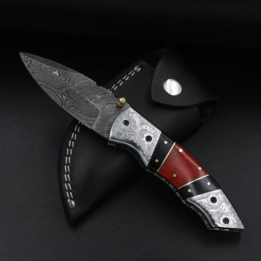 Handmade Damascus Pocket Knife (with Genuine Leather Sheath)