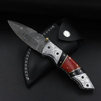 Handmade Damascus Pocket Knife (with Genuine Leather Sheath)