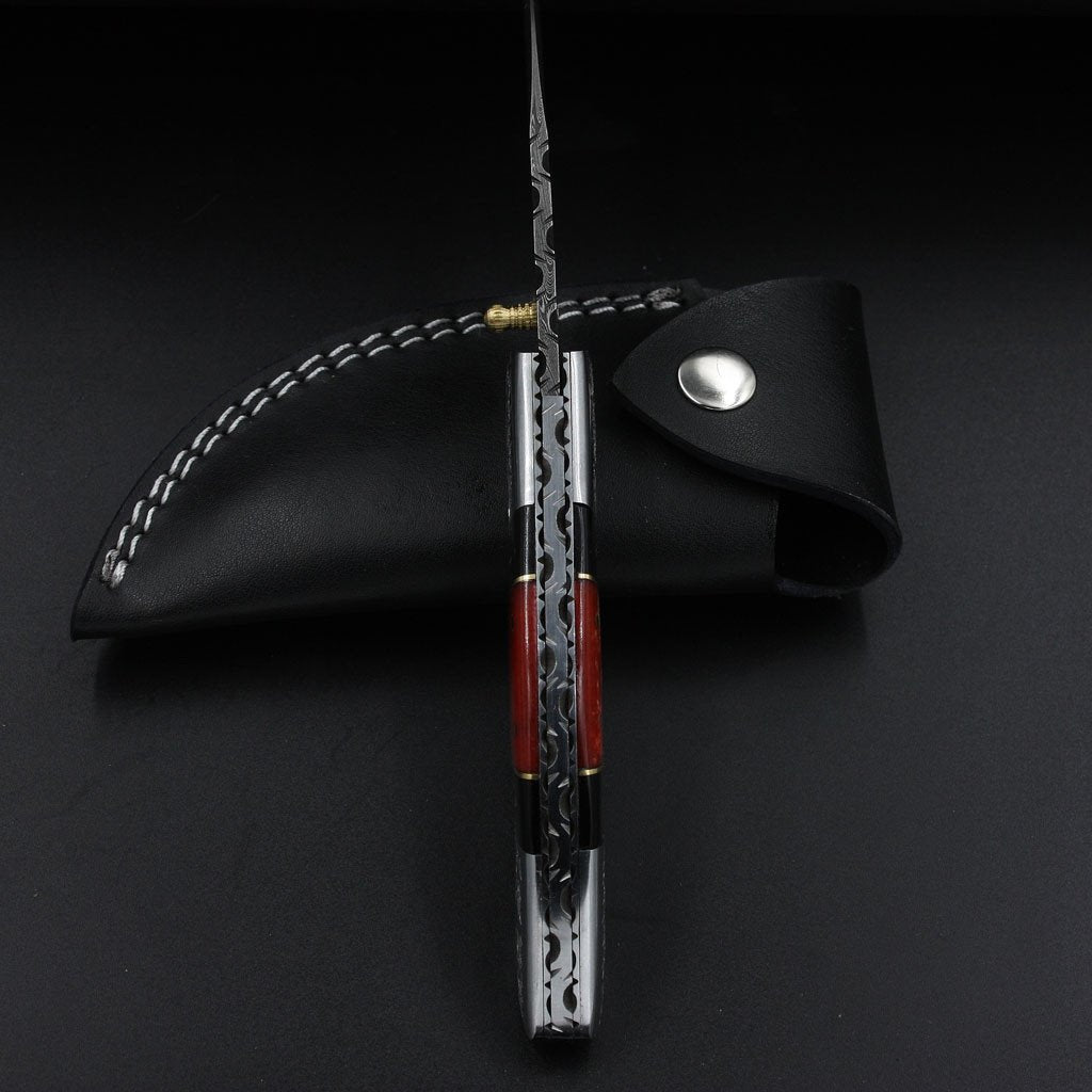 Handmade Damascus Pocket Knife (with Genuine Leather Sheath)