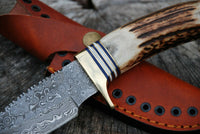 |NB KNIVES| Damascus Gut Hook Fixed Blade Knife with Stag Antler Handle & Leather Sheath - NB CUTLERY LTD