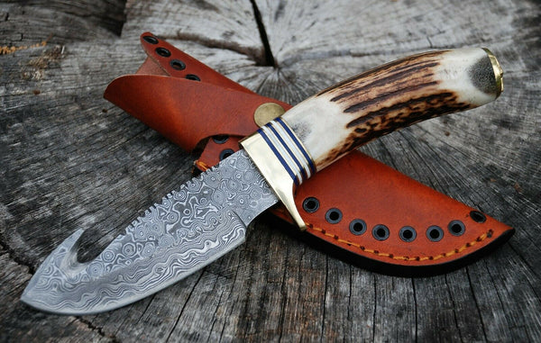 NB KNIVES Damascus Gut Hook Fixed Blade Knife with Stag Antler