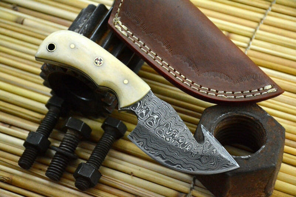 Damascus Steel Gut Hook Hunting Knife Handmade,Camel Bone Handle