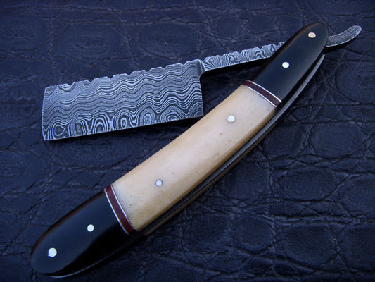 |NB KNIVES| CUSTOM HANDMADE DAMASCUS RAZOR WITH LEATHER SHEATH