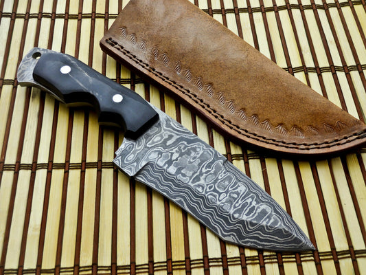Damascus Rain Drop Tracker Knife with Black Micarta Handle