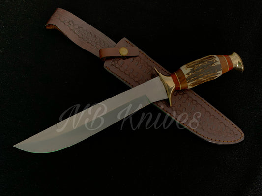 Damascus Stag Horn Hunting Knife with Rosewood Spacers